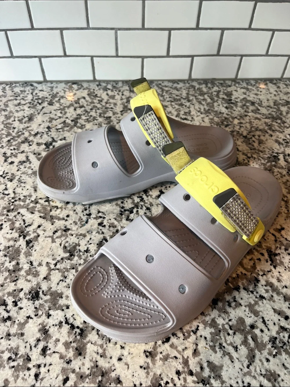 CROCS mens Gray Sport Sandals with Neon Yellow Heel Strap
